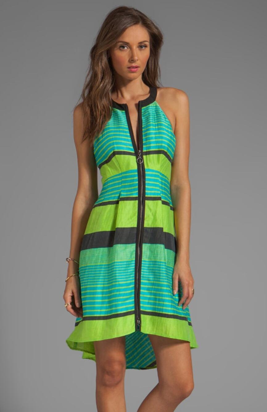 NANETTE LEPORE kiwi green blue striped Y2K Bogatelle linen blend hi lo dress